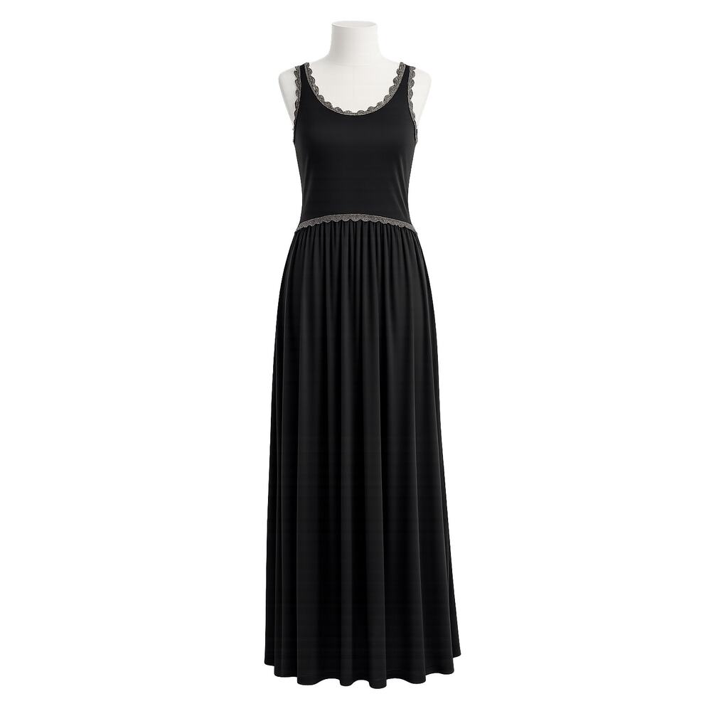 POL Black Boho Scoop Neck Maxi Dress Lace Trim Sleeveless - Size S